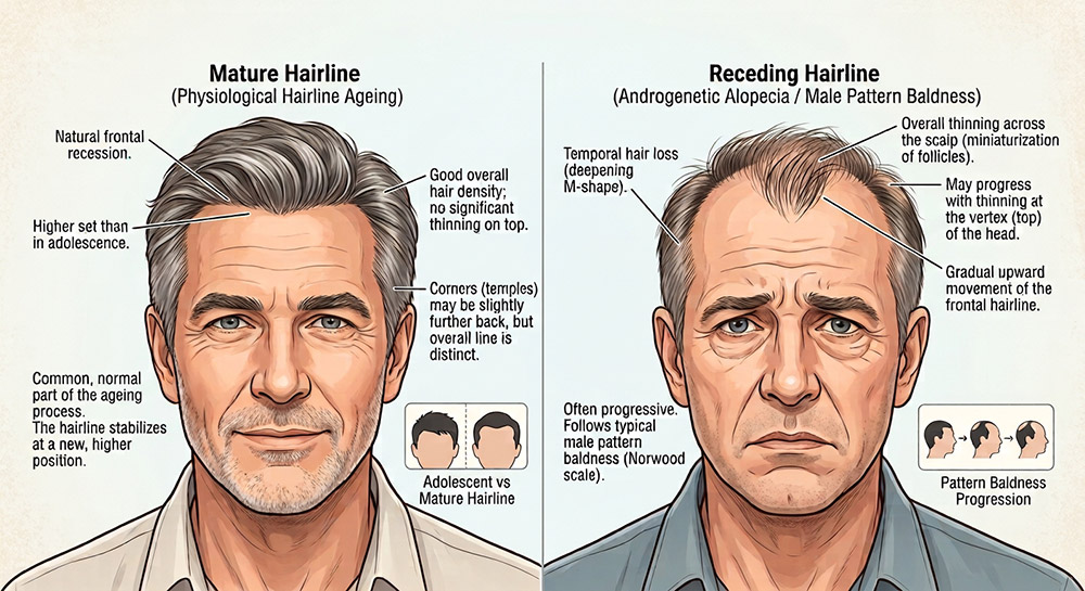 mature hairline vs receding, adult hairline shape, temple recession, stable hairline